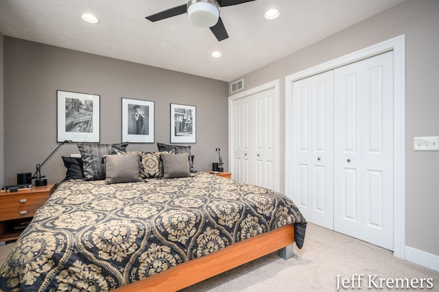 5692 Nile Dr SW, Wyoming, MI 49418 - bedroom featuring carpet, two closets, recessed lighting, and a ceiling fan
