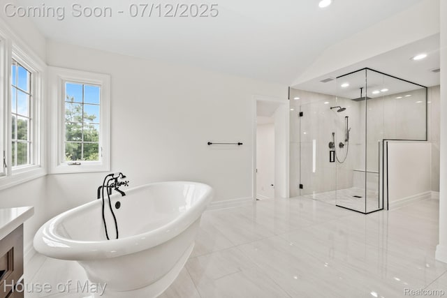 4743 S Ridge Dr, West Bloomfield, MI 48323 - full bath featuring a walk in shower, a soaking tub, vanity, and recessed lighting