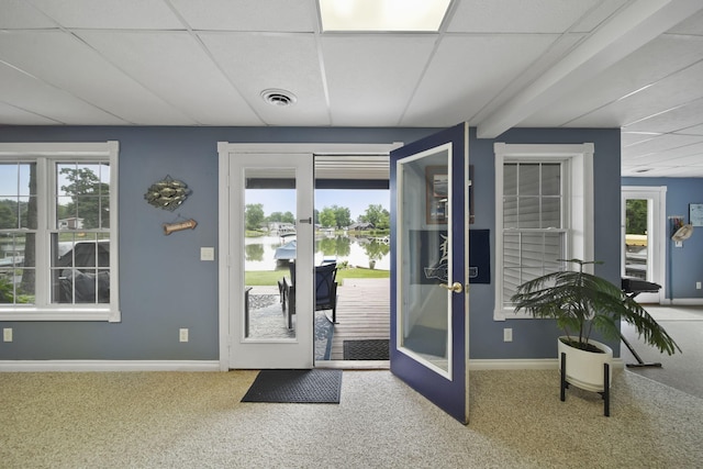 11259 Baker Rd, Jerome, MI 49249 - doorway featuring a paneled ceiling, a water view, carpet floors, healthy amount of natural light, and french doors