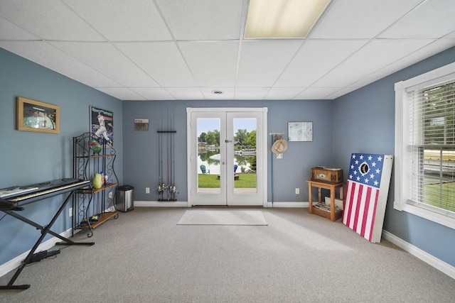11259 Baker Rd, Jerome, MI 49249 - miscellaneous room with a paneled ceiling, carpet floors, plenty of natural light, and french doors