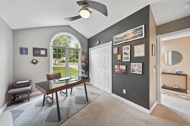 11259 Baker Rd, Jerome, MI 49249 - home office with ceiling fan, light colored carpet, and lofted ceiling