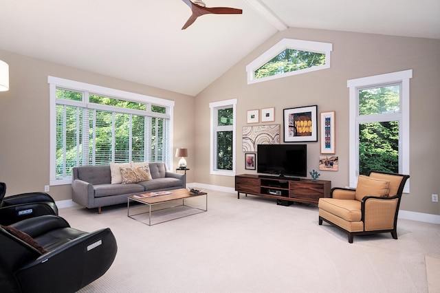 7751 Austinridge Dr SE, Caledonia, MI 49316 - carpeted living area with beamed ceiling, high vaulted ceiling, and a ceiling fan