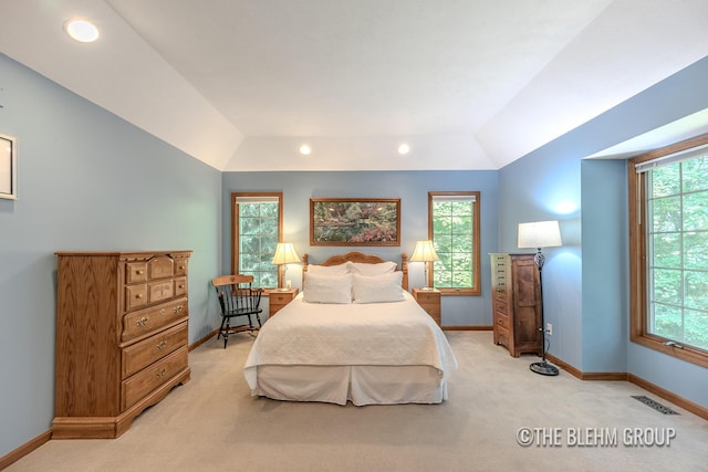 6340 Cannon Highlands Dr NE, Belmont, MI 49306 - bedroom with vaulted ceiling, light colored carpet, and recessed lighting