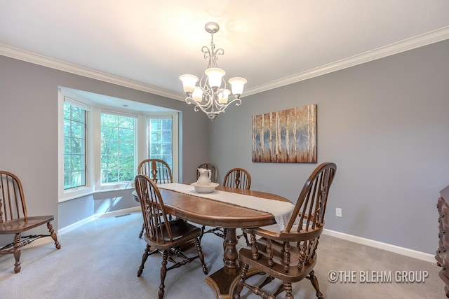 6340 Cannon Highlands Dr NE, Belmont, MI 49306 - dining room with crown molding, light carpet, and a chandelier