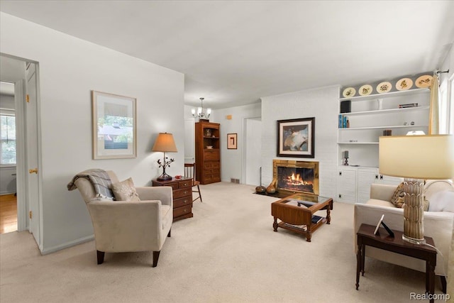 15588 Kirkshire Ave, Beverly Hills, MI 48025 - living room with carpet floors, a chandelier, and a fireplace