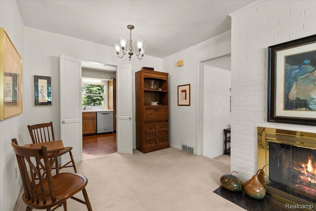 15588 Kirkshire Ave, Beverly Hills, MI 48025 - sitting room with a brick fireplace, light carpet, and a chandelier