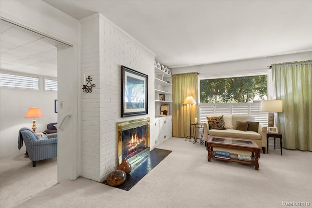 15588 Kirkshire Ave, Beverly Hills, MI 48025 - living area featuring light colored carpet and a brick fireplace