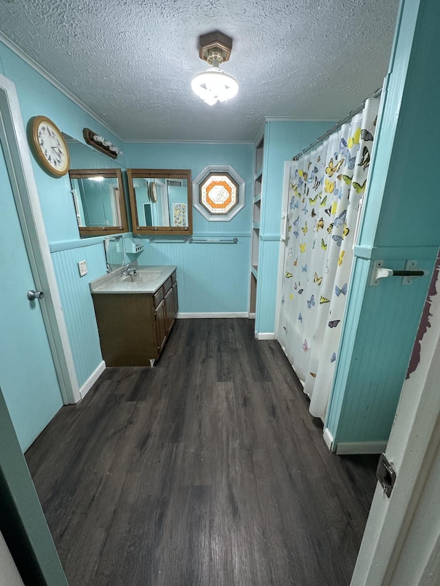 811 W Lincoln Ave, Ionia, MI 48846 - full bath featuring wood finished floors, a textured ceiling, vanity, a shower with curtain, and wainscoting