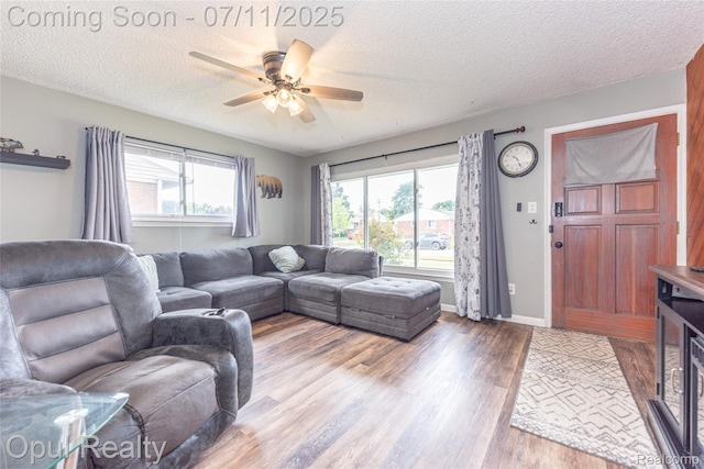 205 Shotka St, Westland, MI 48186 - living area featuring wood finished floors, a ceiling fan, healthy amount of natural light, and a textured ceiling
