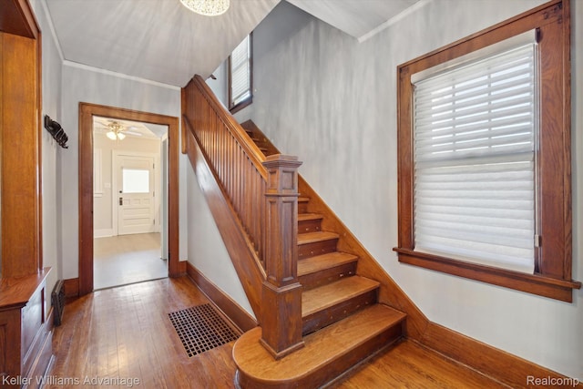 402 E 7th St, Royal Oak, MI 48067 - stairway featuring wood finished floors, ornamental molding, and ceiling fan