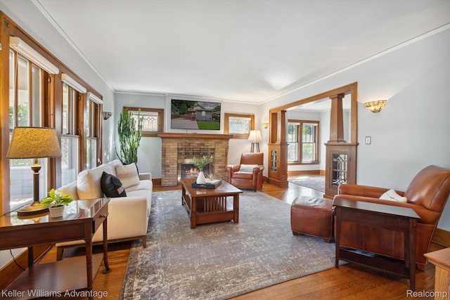 402 E 7th St, Royal Oak, MI 48067 - living room with plenty of natural light, wood finished floors, a fireplace, decorative columns, and crown molding