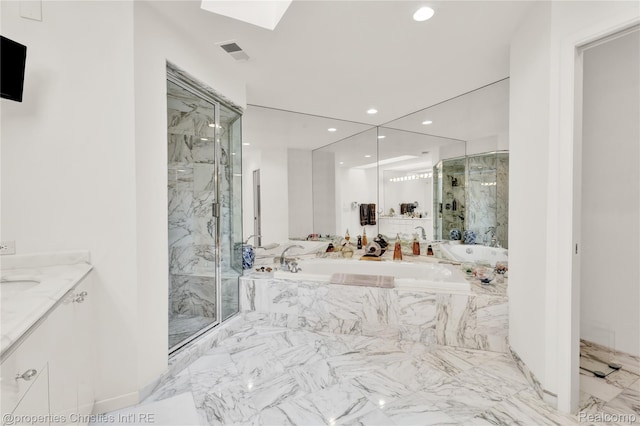 4768 Wendrick Dr, West Bloomfield, MI 48323 - full bathroom featuring a marble finish shower, vanity, marble tiled floors, a bath, and recessed lighting