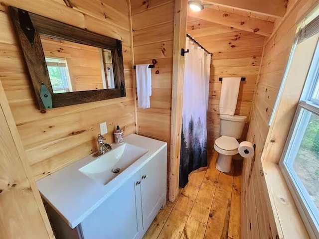 2599 N Pine Ave, White Cloud, MI 49349 - bathroom featuring wood walls, vanity, wood-type flooring, and a shower with curtain