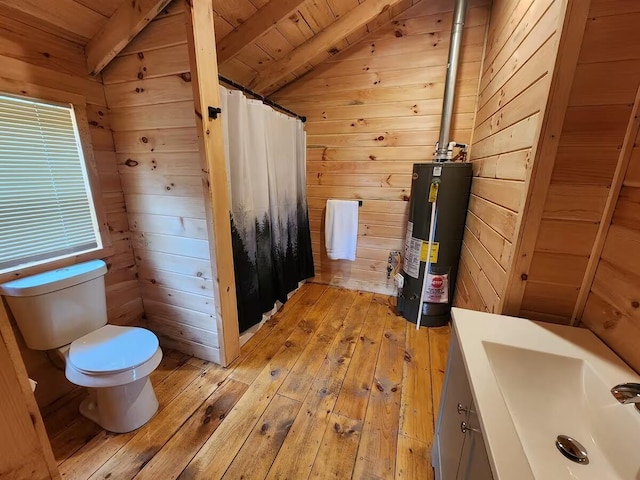 2599 N Pine Ave, White Cloud, MI 49349 - bathroom with gas water heater, wooden ceiling, wood-type flooring, wood walls, and a shower with curtain