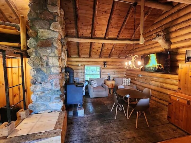 2599 N Pine Ave, White Cloud, MI 49349 - dining space featuring wooden ceiling, rustic walls, hardwood / wood-style flooring, a chandelier, and a wood stove