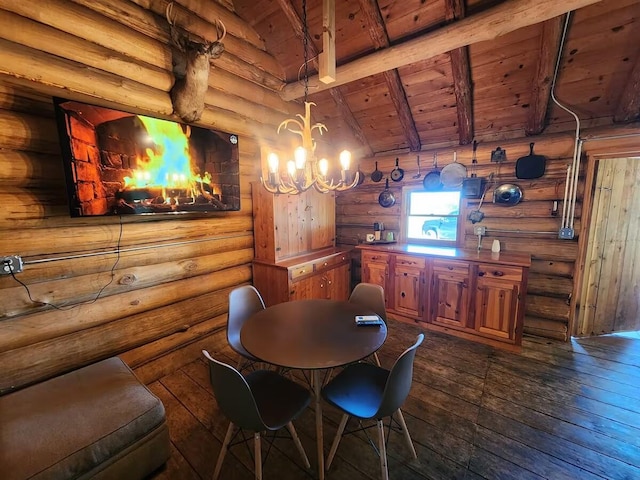2599 N Pine Ave, White Cloud, MI 49349 - dining area featuring log walls, wood ceiling, dark wood-type flooring, and a chandelier