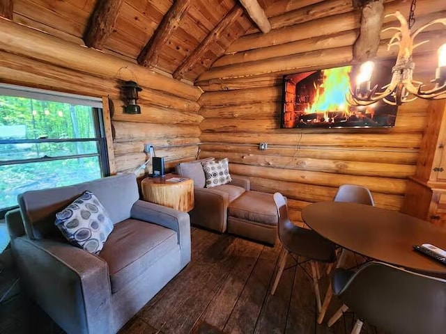 2599 N Pine Ave, White Cloud, MI 49349 - living room with wooden ceiling, rustic walls, hardwood / wood-style flooring, and a chandelier