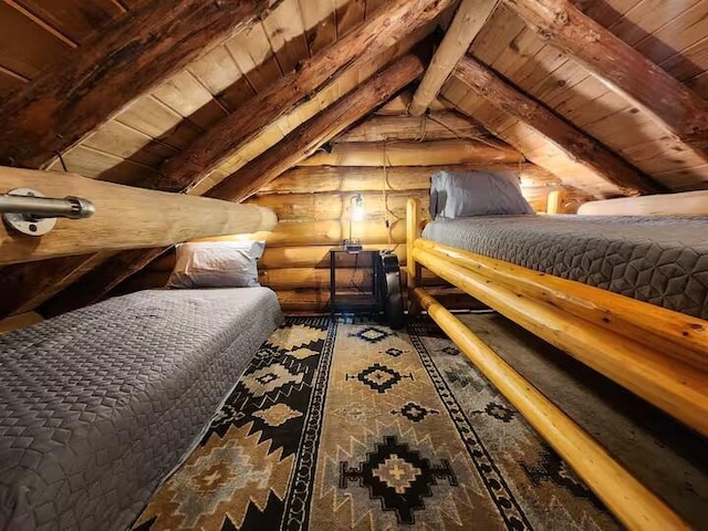 2599 N Pine Ave, White Cloud, MI 49349 - bedroom with wooden ceiling and log walls