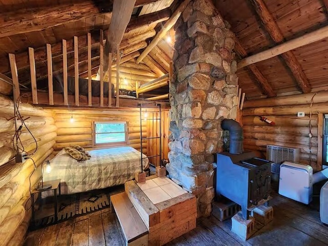 2599 N Pine Ave, White Cloud, MI 49349 - bedroom with a wood ceiling with exposed beams, rustic walls, hardwood / wood-style floors, a wood stove, and high vaulted ceiling
