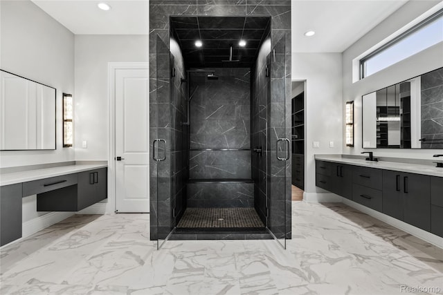 2555 Fairway Ct, Rochester, MI 48306 - full bath with marble look tiles, vanity, a shower stall, and recessed lighting
