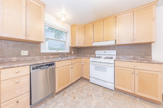 501 W Mosley St, Ann Arbor, MI 48103 - kitchen featuring light brown cabinetry, dishwasher, white gas range oven, and under cabinet range hood