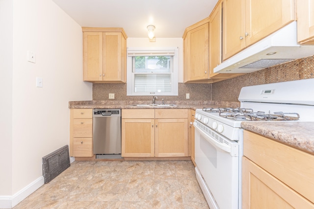 501 W Mosley St, Ann Arbor, MI 48103 - kitchen with white gas range oven, stainless steel dishwasher, light brown cabinetry, under cabinet range hood, and tasteful backsplash