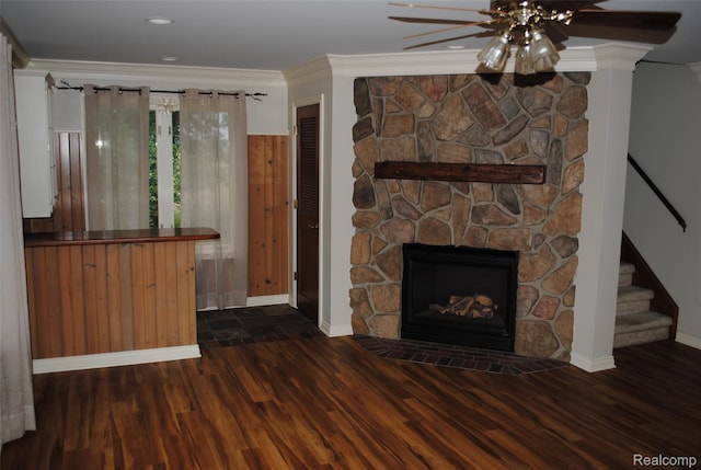 4785 Mayer Rd, China, MI 48054 - unfurnished living room featuring wood finished floors, ceiling fan, stairway, a stone fireplace, and recessed lighting