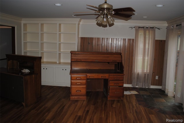 4785 Mayer Rd, China, MI 48054 - unfurnished office featuring ceiling fan, ornamental molding, dark wood finished floors, and wood walls
