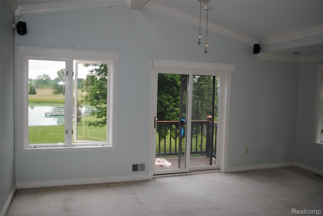 4785 Mayer Rd, China, MI 48054 - carpeted empty room with vaulted ceiling and ornamental molding