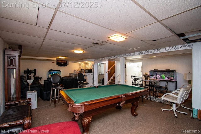 20310 Burt Rd, Detroit, MI 48219 - game room featuring billiards, a drop ceiling, and carpet flooring