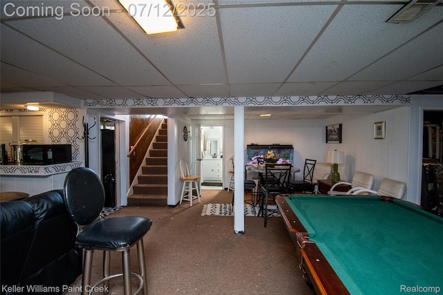 20310 Burt Rd, Detroit, MI 48219 - playroom with a drop ceiling, carpet flooring, and billiards table