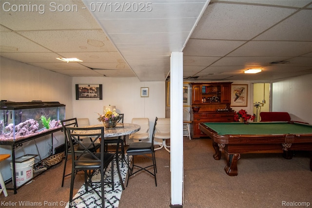 20310 Burt Rd, Detroit, MI 48219 - rec room with a paneled ceiling, billiards table, and carpet flooring