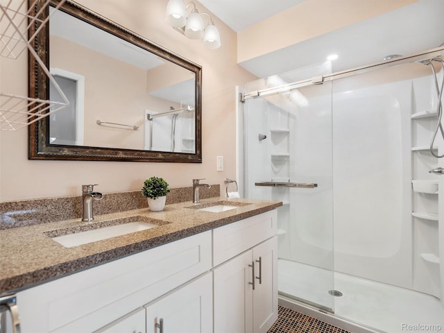 890 Darwin Place Ct, Rochester Hills, MI 48307 - bathroom featuring a shower stall, double vanity, and tile patterned floors