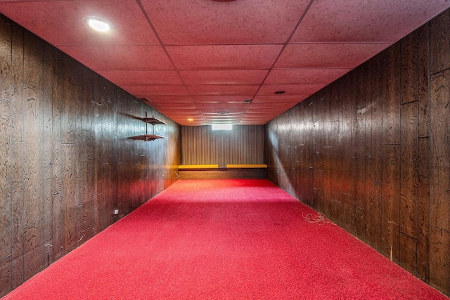 2736 Cascade Rd SE, Grand Rapids, MI 49506 - hallway with wood walls, carpet, a drop ceiling, and recessed lighting