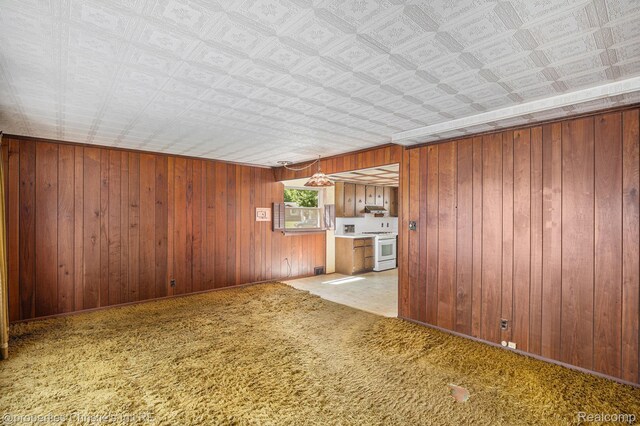 1014 Key W Dr, Clawson, MI 48017 - unfurnished living room with an ornate ceiling, wood walls, and carpet