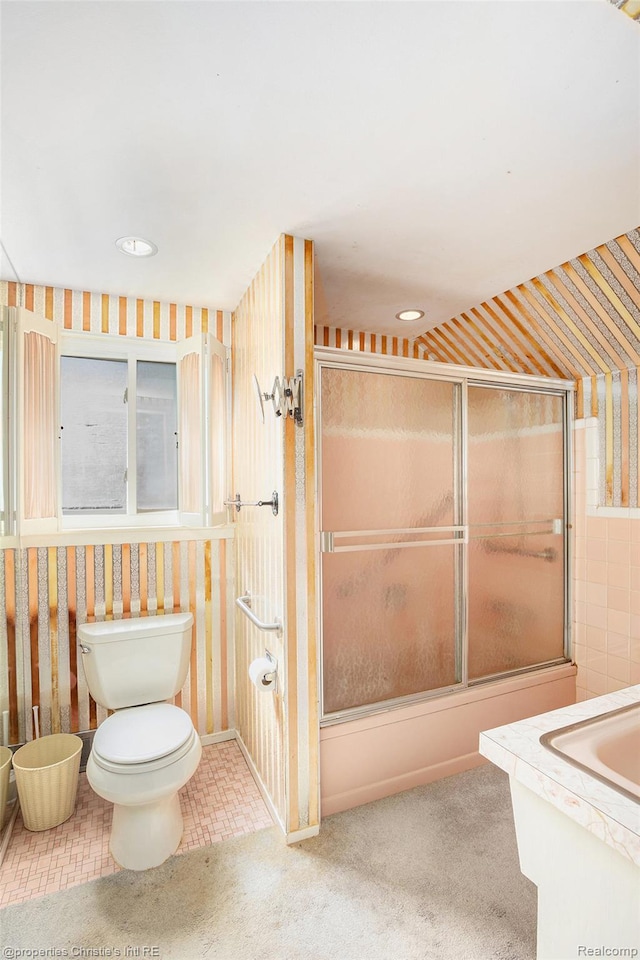 1014 Key W Dr, Clawson, MI 48017 - full bath featuring wallpapered walls, vanity, an enclosed shower, recessed lighting, and a bath