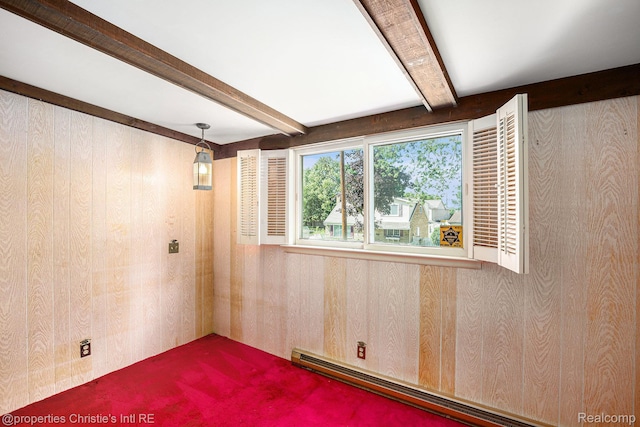 1014 Key W Dr, Clawson, MI 48017 - unfurnished room featuring a baseboard heating unit, beamed ceiling, and wood walls