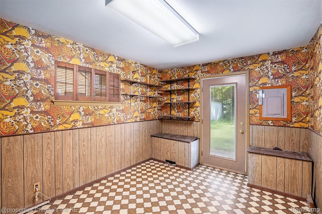 1014 Key W Dr, Clawson, MI 48017 - unfurnished dining area featuring wallpapered walls, wainscoting, wooden walls, and electric panel