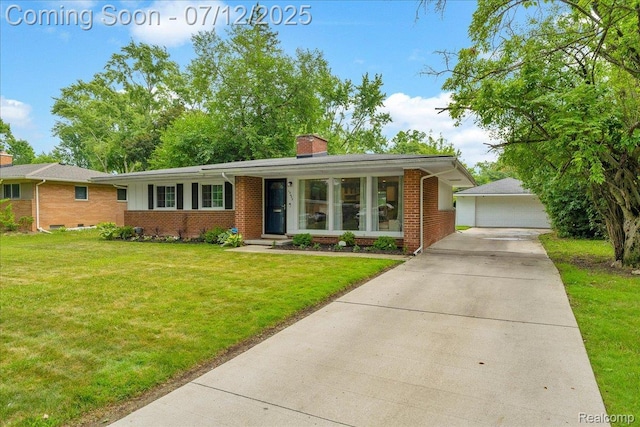 19425 Butternut Ln, Southfield, MI 48076 - ranch-style house featuring brick siding, a chimney, a detached garage, and a front yard