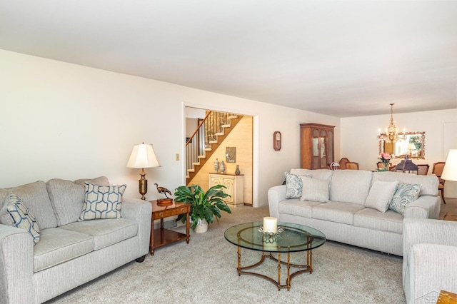 859 Foxboro Rd, Saginaw, MI 48638 - carpeted living room featuring stairs and a chandelier