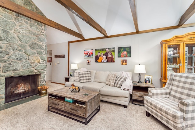 859 Foxboro Rd, Saginaw, MI 48638 - living area featuring beamed ceiling, carpet, a stone fireplace, and high vaulted ceiling
