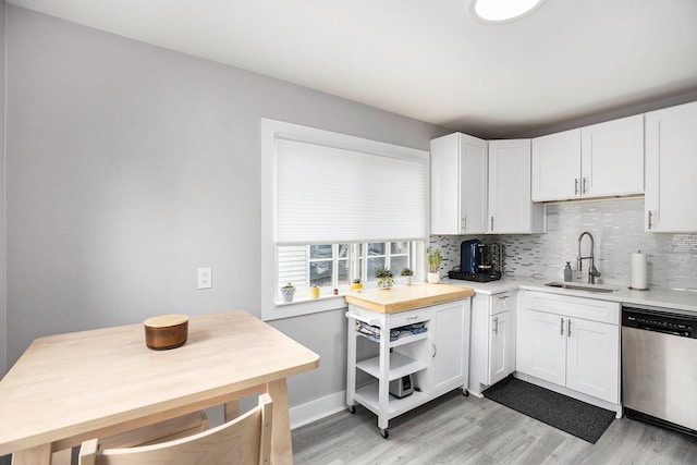 1018 S Stephenson Hwy, Royal Oak, MI 48067 - kitchen with dishwasher, light wood-style floors, decorative backsplash, and white cabinetry