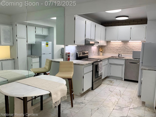 2245 S Walton Blvd Unit 58, Rochester Hills, MI 48309 - kitchen with stainless steel appliances, under cabinet range hood, light marble finish flooring, and tasteful backsplash