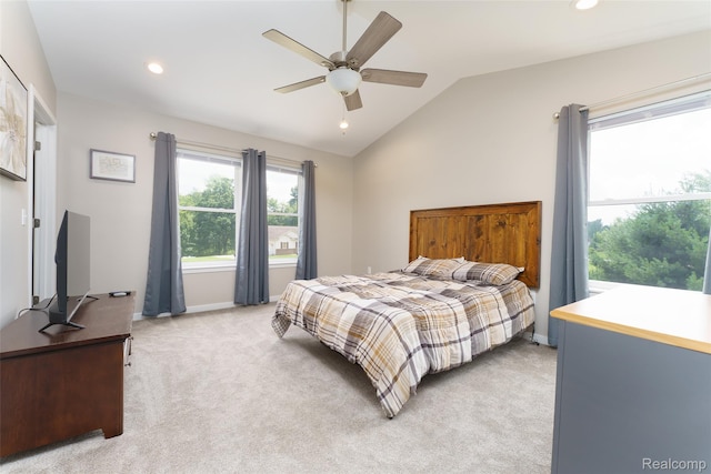 11879 Secluded Ridge Dr, Byron, MI 48418 - bedroom with lofted ceiling, light colored carpet, recessed lighting, and ceiling fan