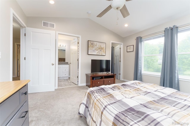 11879 Secluded Ridge Dr, Byron, MI 48418 - bedroom featuring lofted ceiling, light carpet, recessed lighting, ceiling fan, and connected bathroom