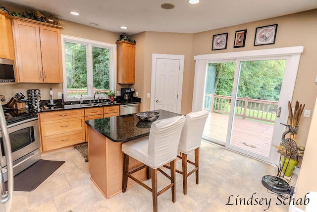 13025 Shaner Ave NE, Cedar Springs, MI 49319 - kitchen with stainless steel appliances, a kitchen bar, healthy amount of natural light, recessed lighting, and dark stone counters