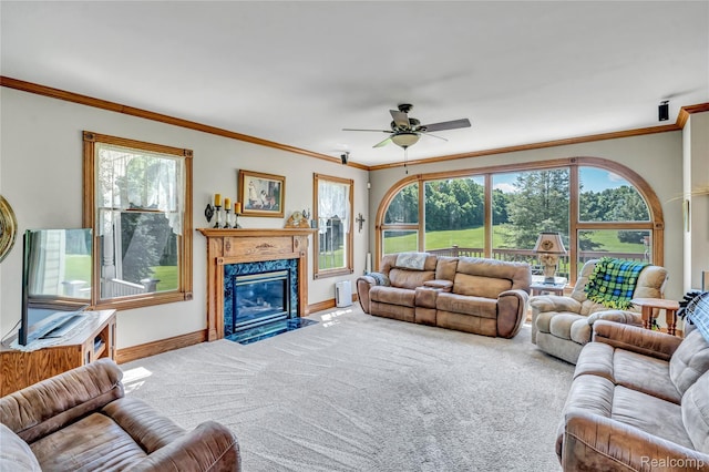 6728 Bowers Rd, Imlay City, MI 48444 - living room with carpet floors, crown molding, a ceiling fan, and a high end fireplace