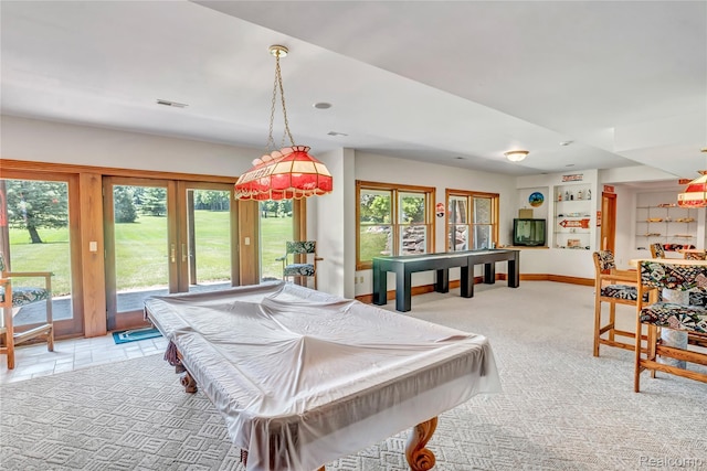 6728 Bowers Rd, Imlay City, MI 48444 - recreation room with french doors, pool table, and light colored carpet
