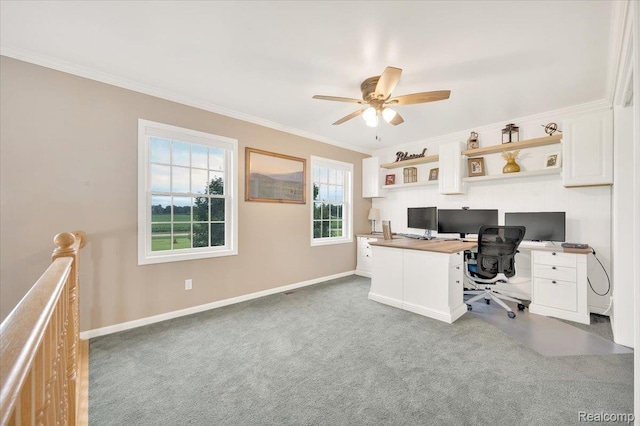 1647 Higley Rd, Lapeer, MI 48446 - carpeted office space with ceiling fan, ornamental molding, and built in study area