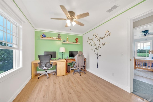 1647 Higley Rd, Lapeer, MI 48446 - office area featuring wood finished floors, a ceiling fan, and crown molding